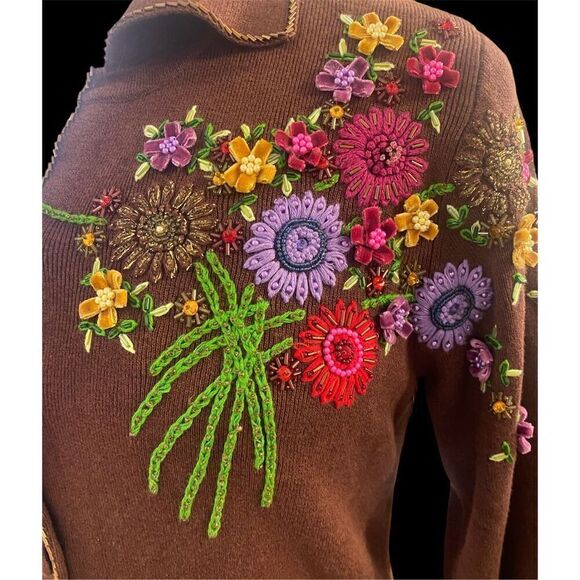 NWT Embroidered Cardigan by Just B Sz. M Cotton Blend Chocolate Brown - Picture 7 of 9